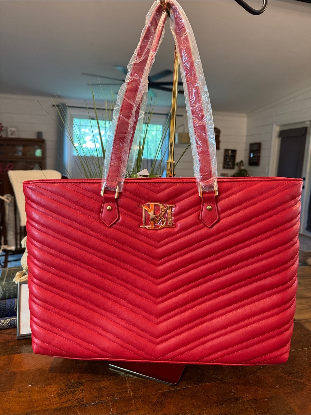 Badgley Mischka Quilted Red Tote with Gold Logo Hardware